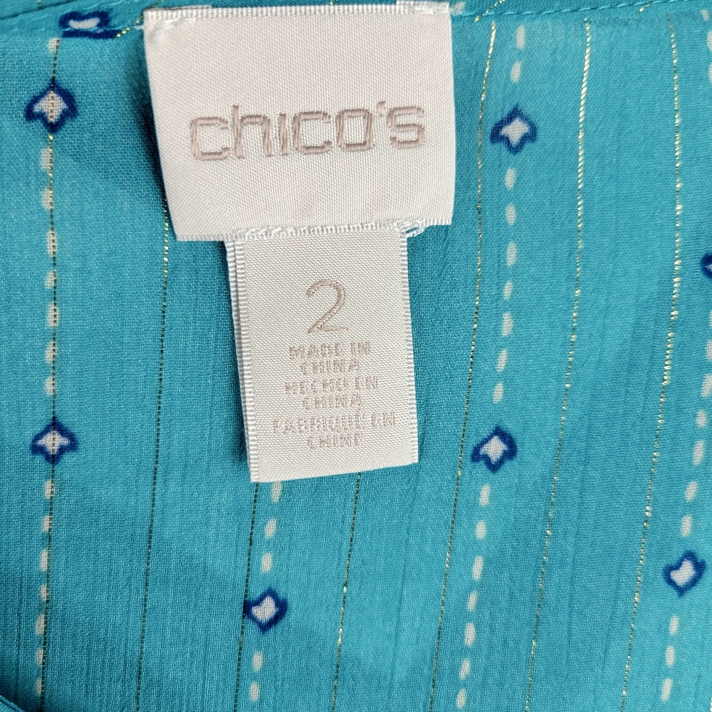 Chicos Faux Wrap Top Teal Paisley Flutter Sleeve Hi low Front to back Size 2 - Picture 8 of 10